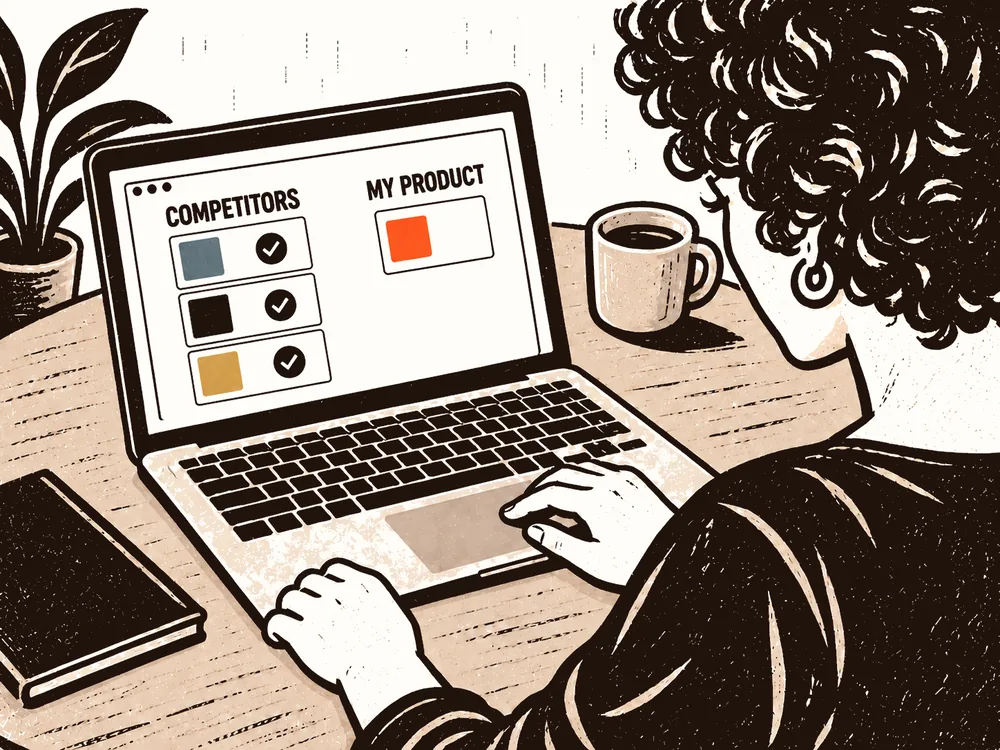 A founder views three competitor cards grouped on the left of a laptop screen and a separate orange product card on the right.