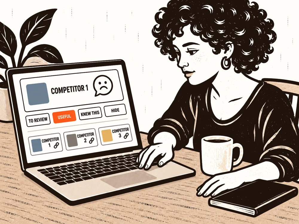 A founder reviews a complaint on a laptop, with four decision buttons and kept cards below.