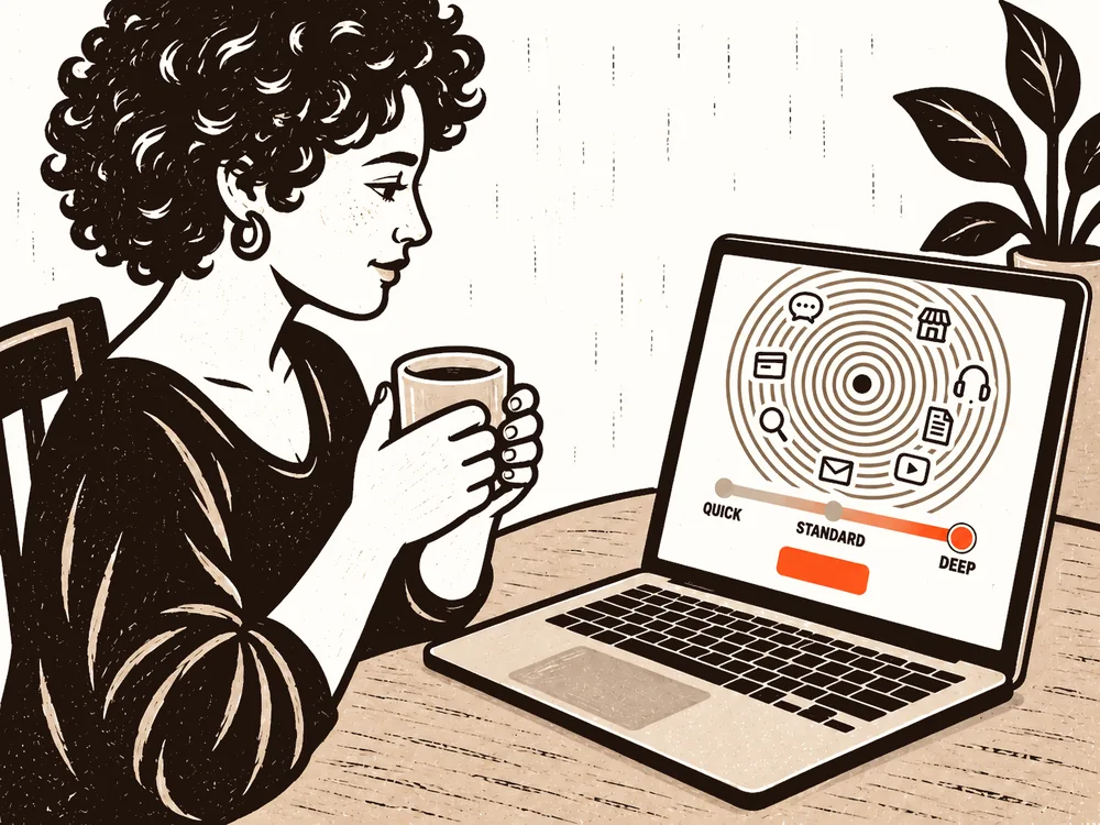 A founder holds a mug while viewing the Quick, Standard and Deep research slider and source icons on a laptop.