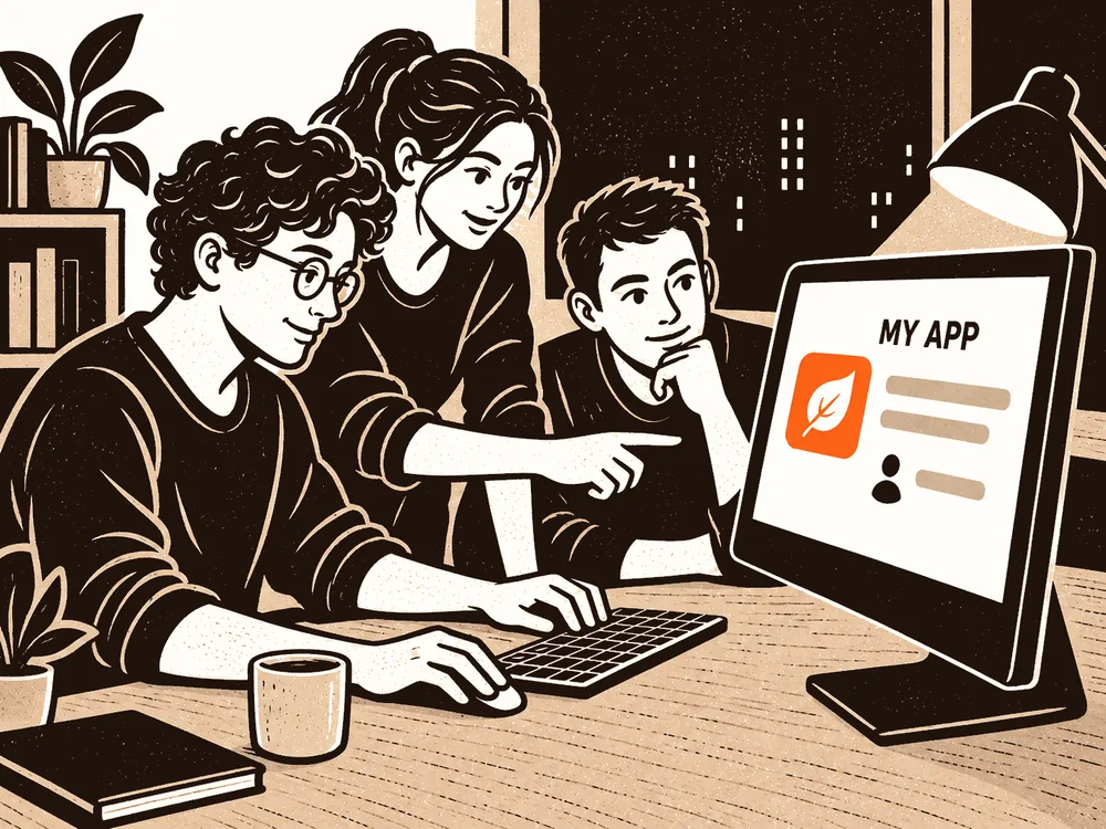 A developer, UI/UX designer and product manager discuss their app around one shared monitor at night.
