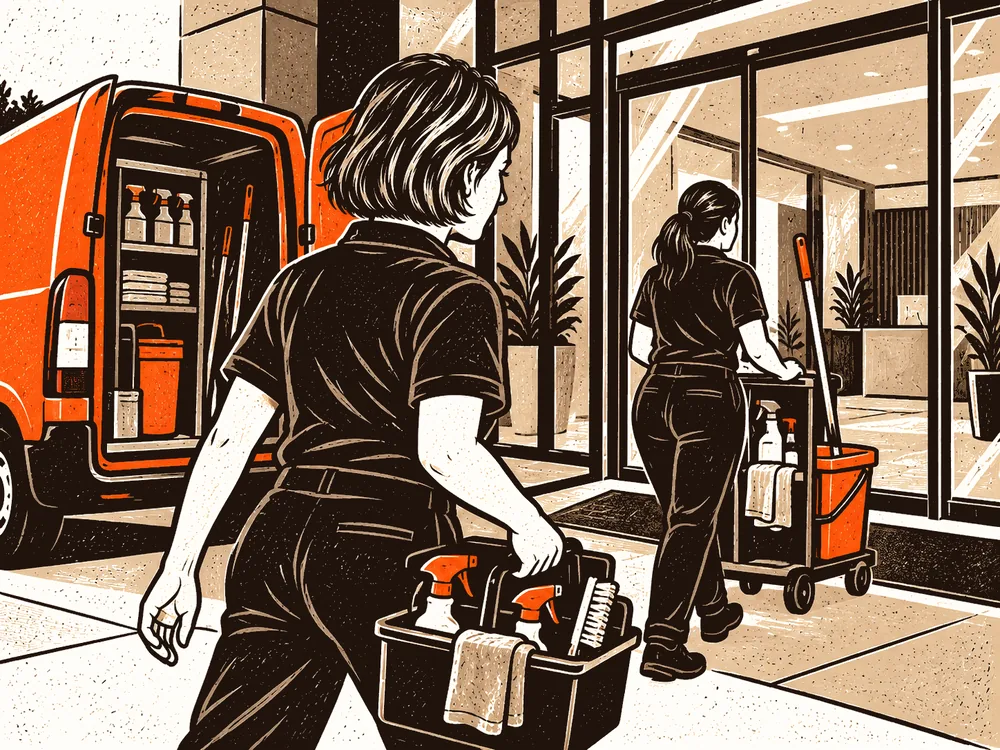 A cleaning team arrives at a customer building with cleaning supplies and their orange van.