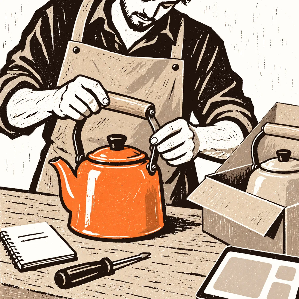 The maker fits the wooden handle of an orange kettle at the workbench.