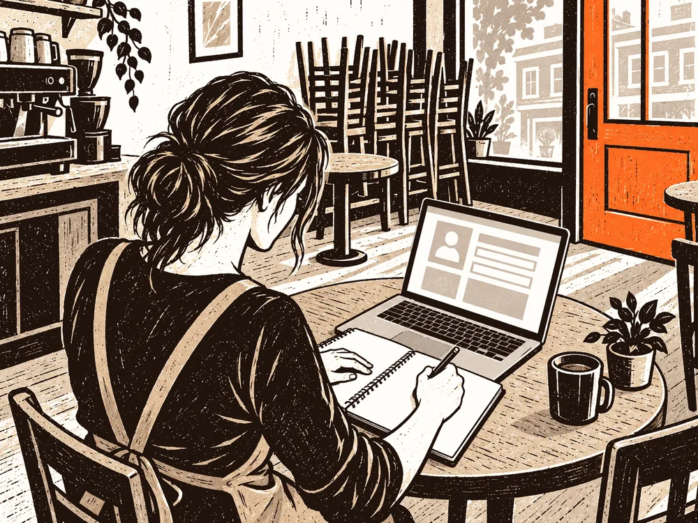 The founder at a table in an empty room, writing on a pad with the chairs still stacked.